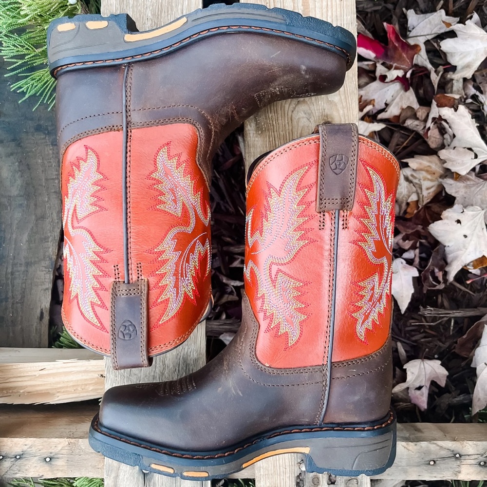 Ariat Kid's WorkHog Boots - Dark Brown and Orange size 13 NWT